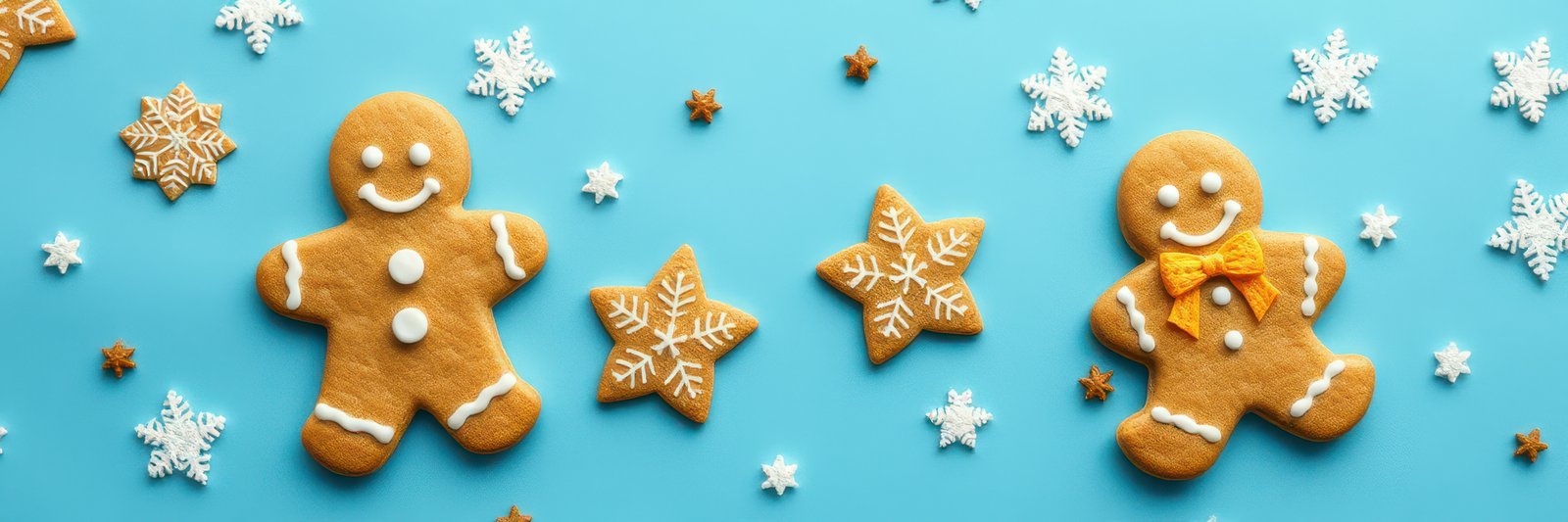 Delicious gingerbread cookies and festive decorations on a bright blue background during the winter holiday season